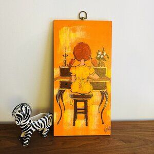 Vintage Midcentury Colorful Schoolgirl Whimsical Painting on Wood by Walker